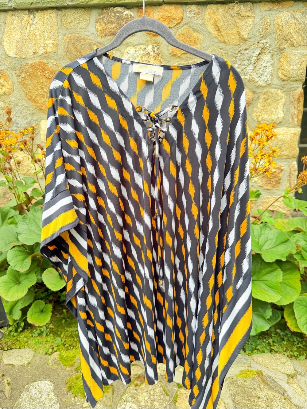 Michael Kors Yellow, Black & Gray Striped Lace-Up Poncho Tunic